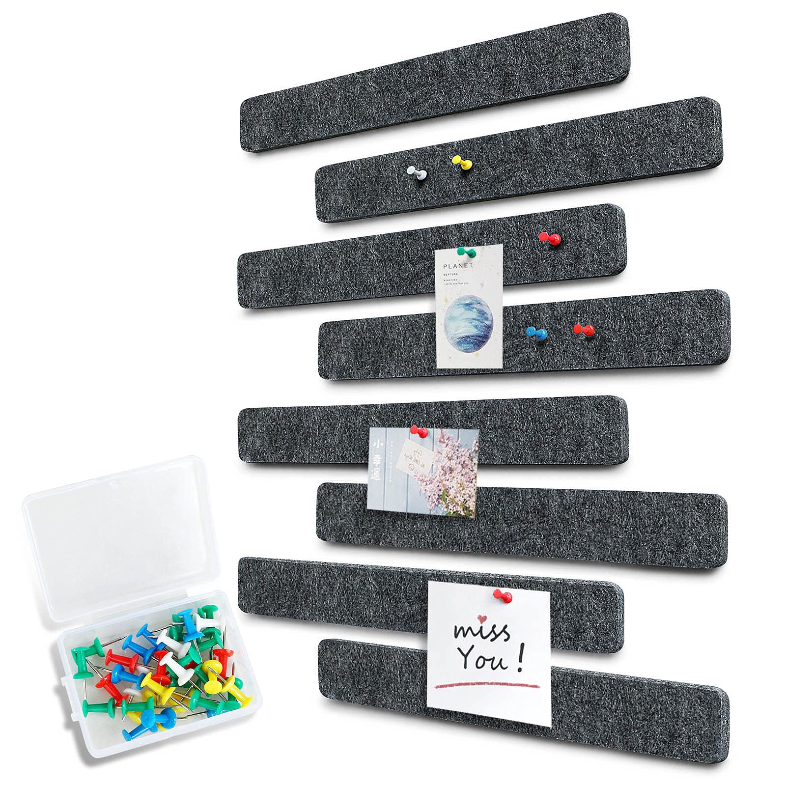 Uoisaiko Felt Pin Board Bar 38cm x 5cm, 8 Pack Cork Board Bulletin Board Strips with 40 Push Pins, Home Office Memo Notice Boards Felt Wall Tiles