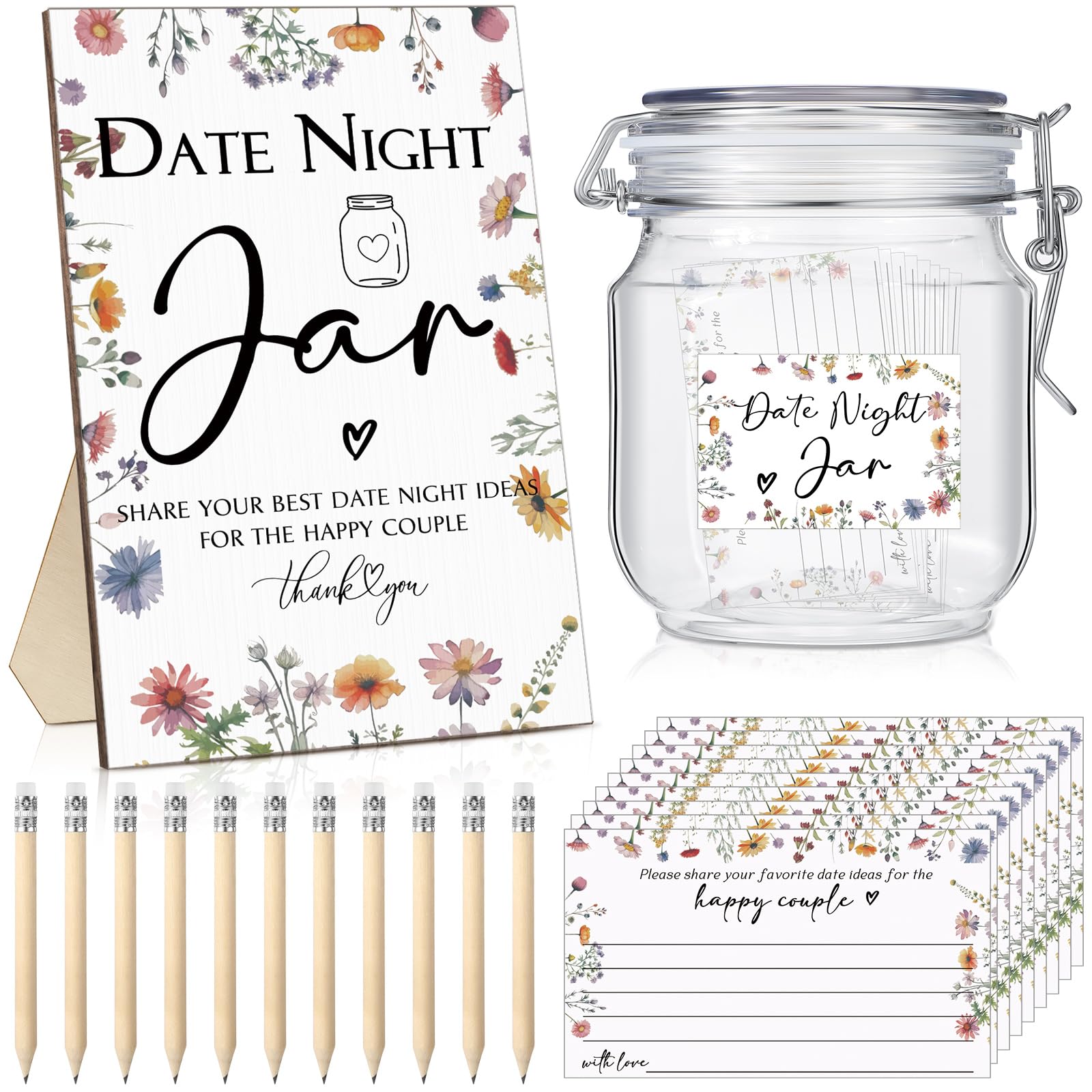 Photo 1 of Geelin 114 Pcs Bridal Shower Games Include Date Night Jar Wooden Sign 100 Cards 10 HB Pencils 2 Stickers for Fresh off The Market Wedding Reception Games Date Idea Party Favors Decoration(Wildflower)