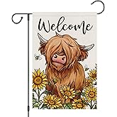 Heyfibro Welcome Spring Summer Highland Cow Garden Flag 12x18 Inch Double Sided Burlap, Farmhouse Sunflower Yard Flags for Seasonal Outside Outdoor Decoration (ONLY FLAG)
