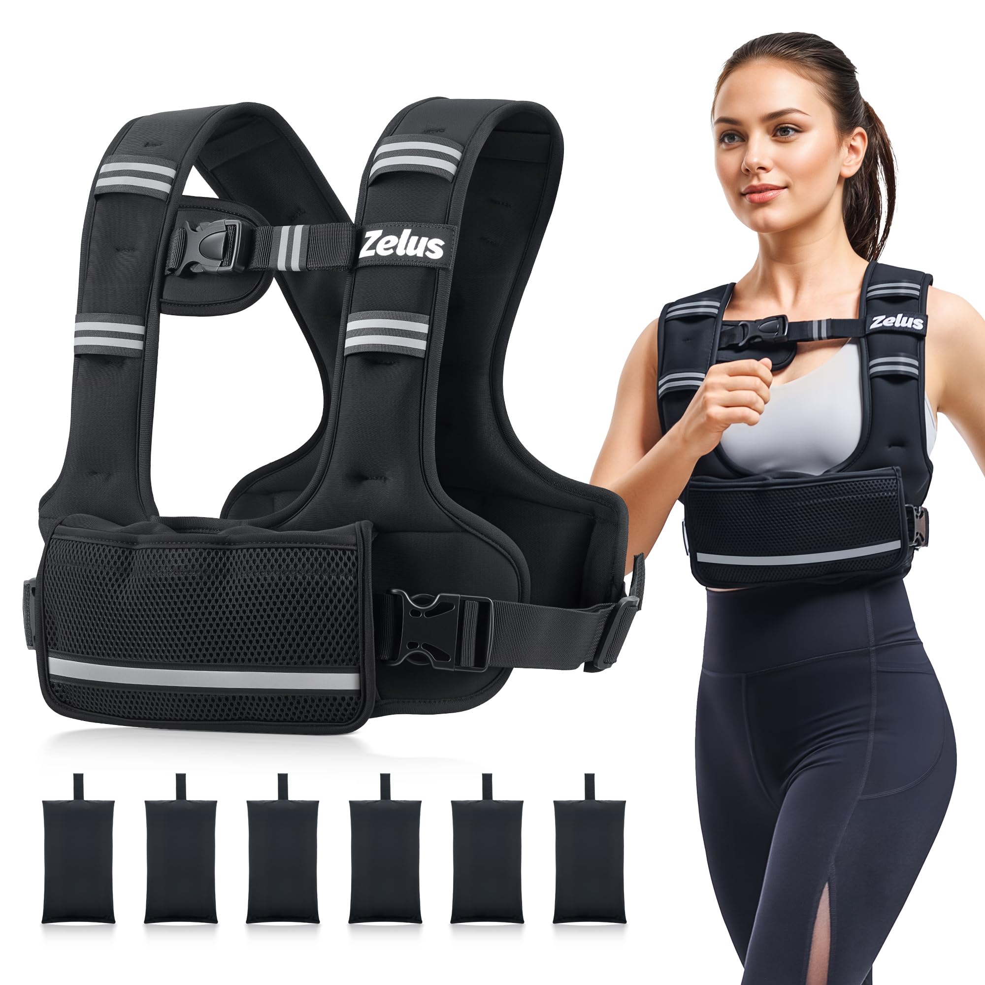 Photo 1 of ZELUS Weighted Vest for Women Men, 4-10lb/11-20lb/20-32lb Adjustable Weight Vest with 6 Iron Sand Bags, U-Shaped Rucking Vest with Adjustable Buckle Straps, Workout Vest for Strength Training, Black