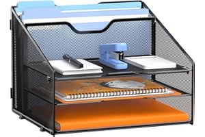 GAWERK Letter Tray Organizer, Mesh Desk File Organizer with 3 Paper Trays and 2 Vertical Upright Section, Blank