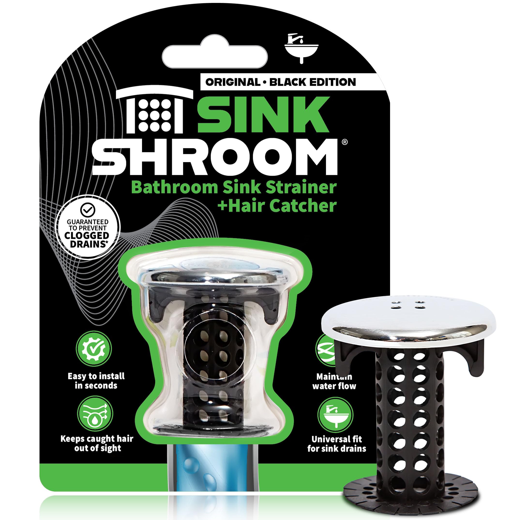 SinkShroom Revolutionary Bathroom Sink Drain Protector Hair Catcher Strainer, Black Chrome