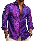 Men Teal Purple Long Sleeve Shirt Silk Button Up