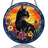 kdqua Black Cat Flower Suncatcher Stained Glass Window Hanging, Cottagecore Wildflower Black Cat Sun Catchers Indoor Window Glass Round Wall Decor, Cats Wall Art Hanging Decorations Statues, 7.9x7.9in