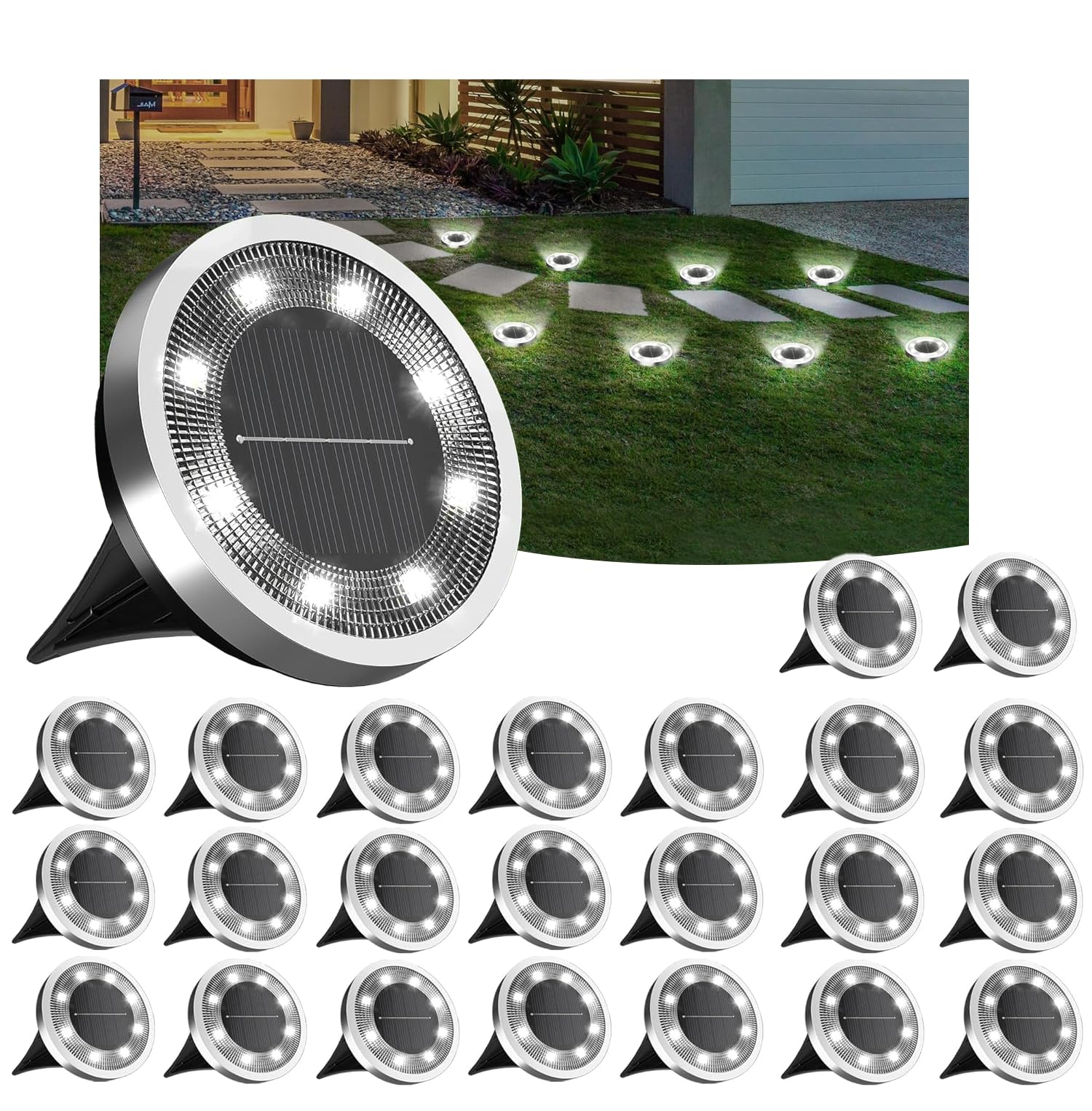 INCX Solar Ground Lights, 24 Pack Solars Light Outdoor Waterproof, Solar Garden Lights Landscape Lighting for Patio Pathway Lawn Yard Deck Driveway Walkway, Cold White Image