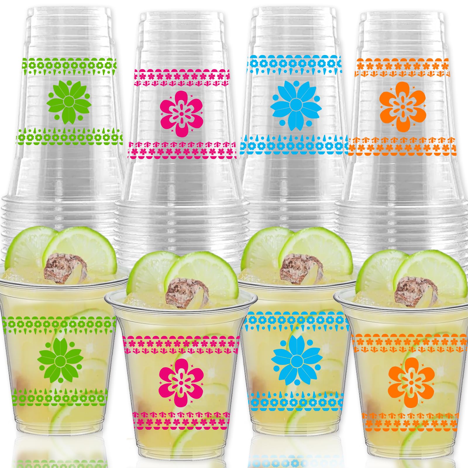 Photo 1 of 60 Pcs 12 oz Fiesta Plastic Cups Mexican Cinco De Mayo Party Decorations Disposable Mexican Papel Picado Pattern Clear Cups for Taco Theme Party Decors Supplies