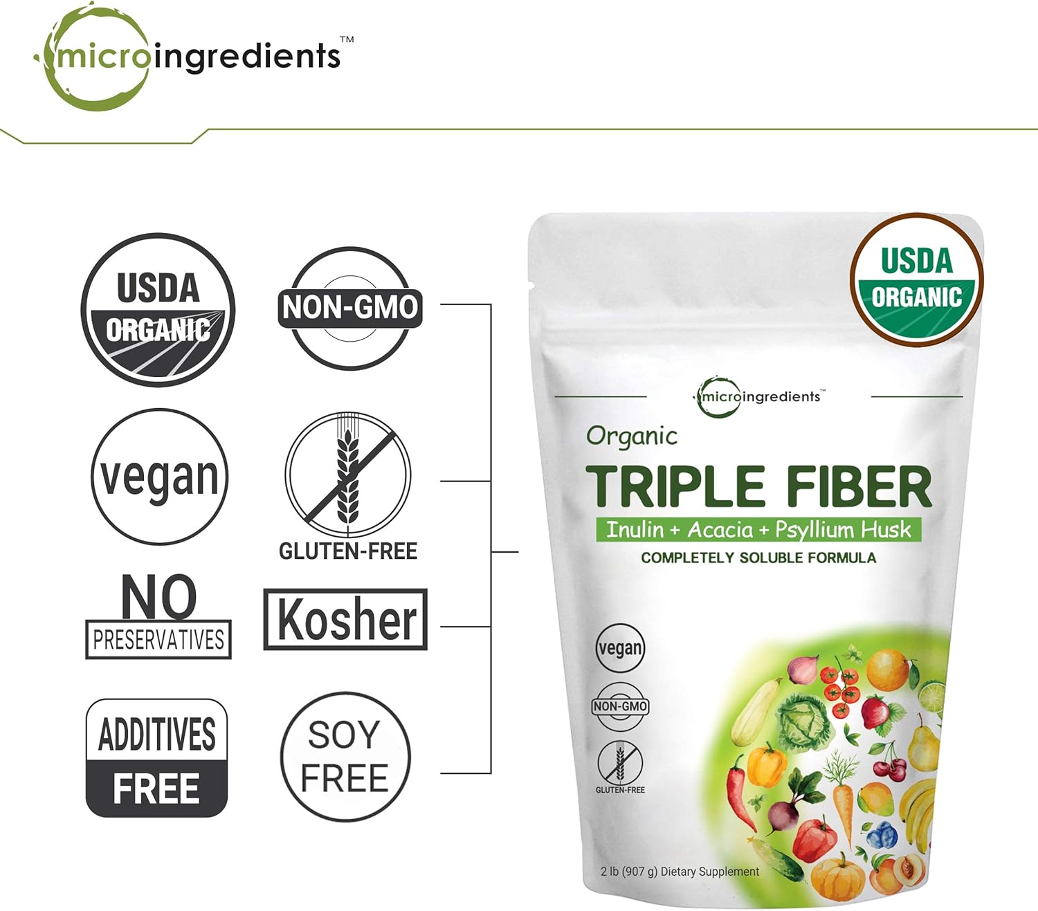 Organic Triple Soluble Fiber Powder (Inulin, Acacia, Psyllium Husk), 2 Pounds (32 Ounce), 3 in 1 Fiber Complex, Premium Fiber Prebiotics Supplement for Digestive Health, Water Soluble, Non-GMO, Vegan: Health & Personal Care