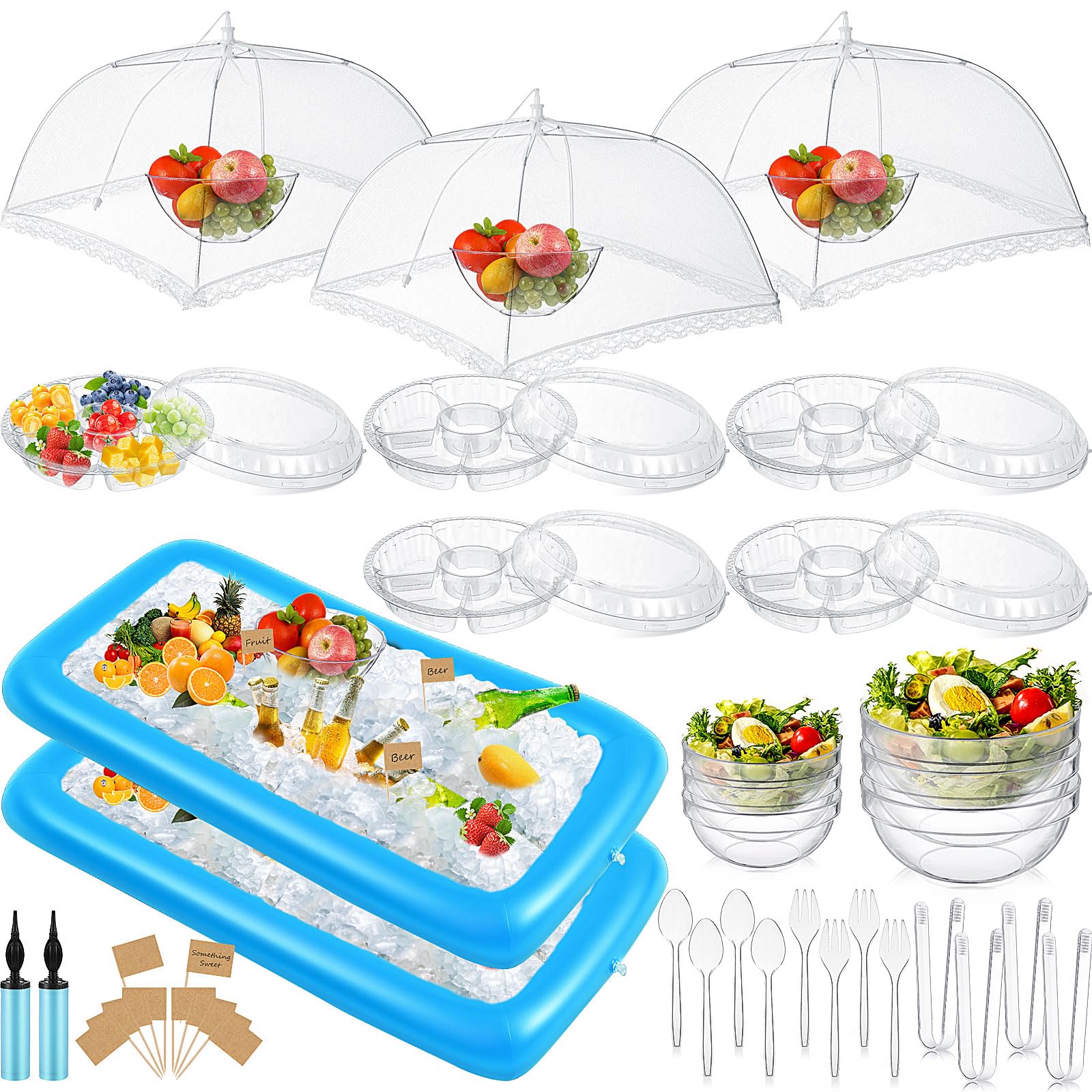Photo 1 of FillTouch 128 Pcs Inflatable Cooler for Parties 2 Inflatable Serving Bars Buffet Cooler for Parties 3 Food Cover 6 Salad Bowl 12 Serving Utensils 5 Plastic Appetizer Tray 100 Labels(Blue)