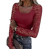 ANRABESS Womens Long Sleeve Shirts Scoop Neck Lace Going Out Tops Slim Fit Rib Knit Casual Blouses 2025 Fall Fashion Outfits