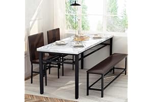 Lamerge Kitchen Table Chairs Set of 4 with Bench, Faux Mable Dining Table Set for 4 w/Storage Rack,Dining Room Table Set Dinner Table for Small Spaces, Apartment,White+Brown