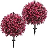 Artificial Red Eucalyptus Topiary Ball Tree 24" with Ground Spike, Set of 2 Artificial Boxwood Bushes for Faux Shrubs, Fake Evergreen Faux Plant for Indoor Outdoor Garden -UV Resistant–Fade-Proof