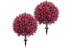 JASMPIG Artificial Red Eucalyptus Topiary Ball Tree 24" with Ground Spike, Set of 2 Artificial Boxwood Bushes for Faux Shrubs, Fake Evergreen Faux Plant for Indoor Outdoor Garden -UV Resistant–Fade-Proof