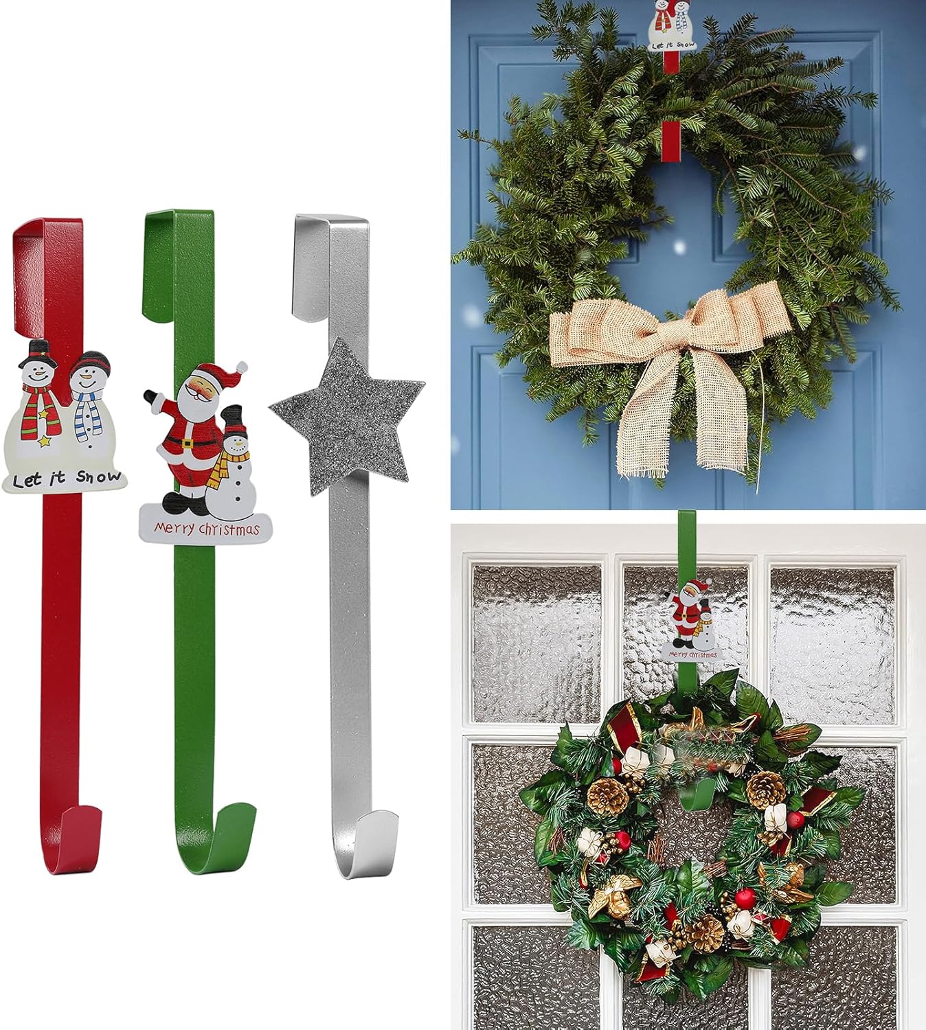 Wreath Hangers - Aovdy 3 Pack Christmas Wreath-Hangers for Front Door Christmas Decorations for Door Inside Outside Door Hooks Christmas Decor (Set A)
