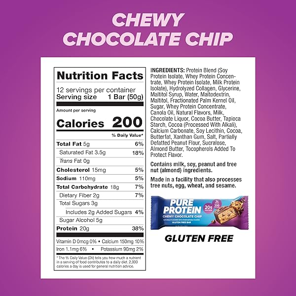 PURE PROTEIN CHEWY CHOCOLATE CHIP PROTEIN BARS – 20G PROTEIN, 3G SUGAR, 190 CALORIES (12 COUNT) LOW SUGAR* HIGH PROTEIN SNACK – GLUTEN FREE – PERFECT FOR A HEALTHY SNACK