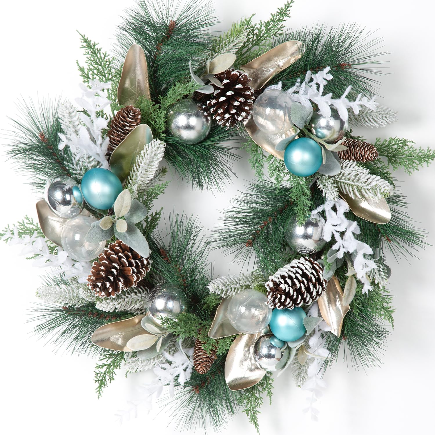 Photo 1 of 26 Inch Christmas Wreath for Front Door – Winter Pine and Pinecone Wreath with Blue & Silver Ornaments, Frosted Greenery and Golden Leaves – Xmas Holiday Decoration for Home, Fireplace & Porch