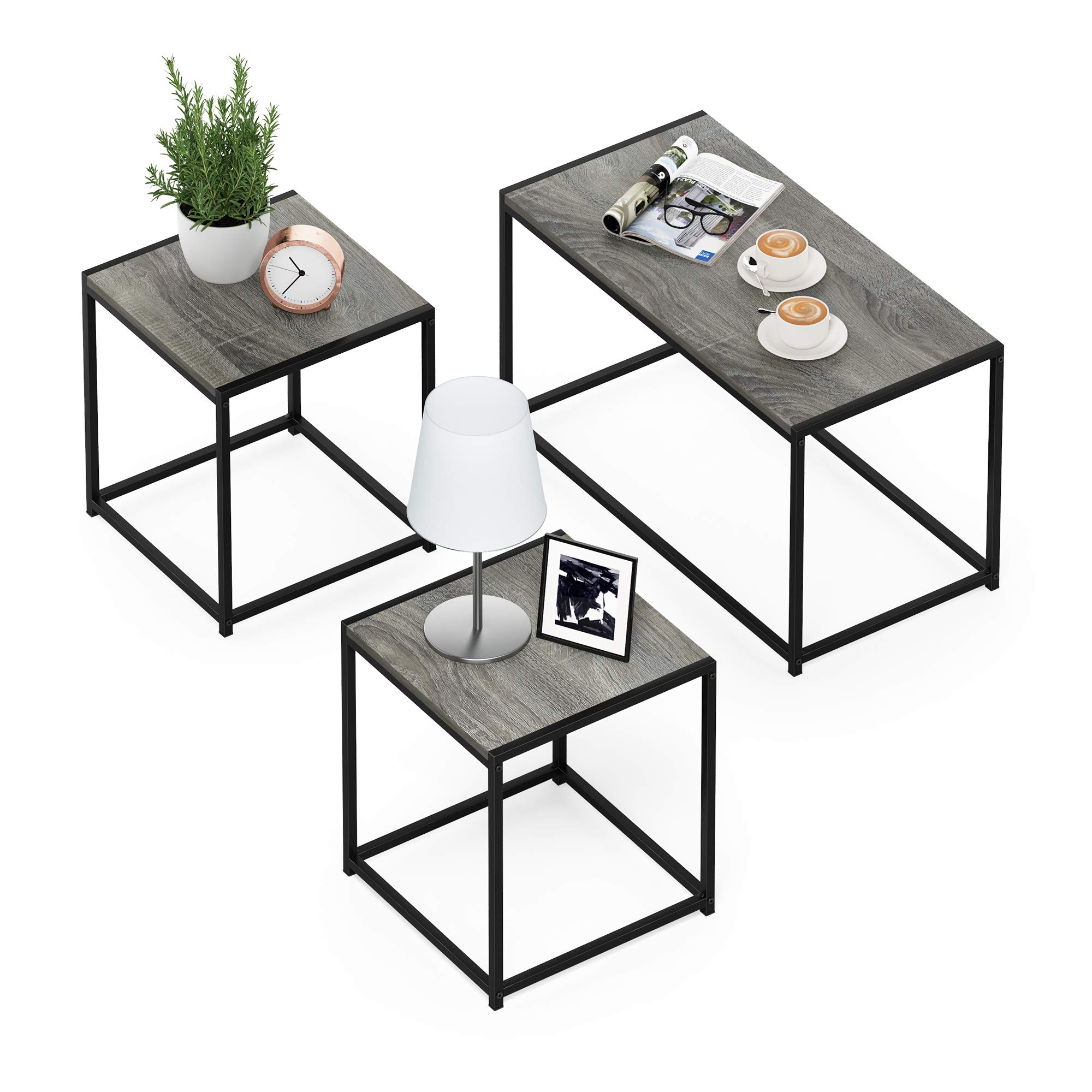 Furinno Camnus Modern Living Room Table Set with One Coffee Table and Two Side Tables, French Oak Grey