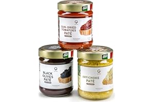 Gusta Variety Pack Spreadable Pates - Sun-Dried Tomato, Black Olive, Artichokes - Made in Italy Dip or Spread - Glass Jar with Extra Virgin Olive Oil - Non-GMO, All Natural - Perfect Snack - 6.35oz Glass Jars (Pack of 3)