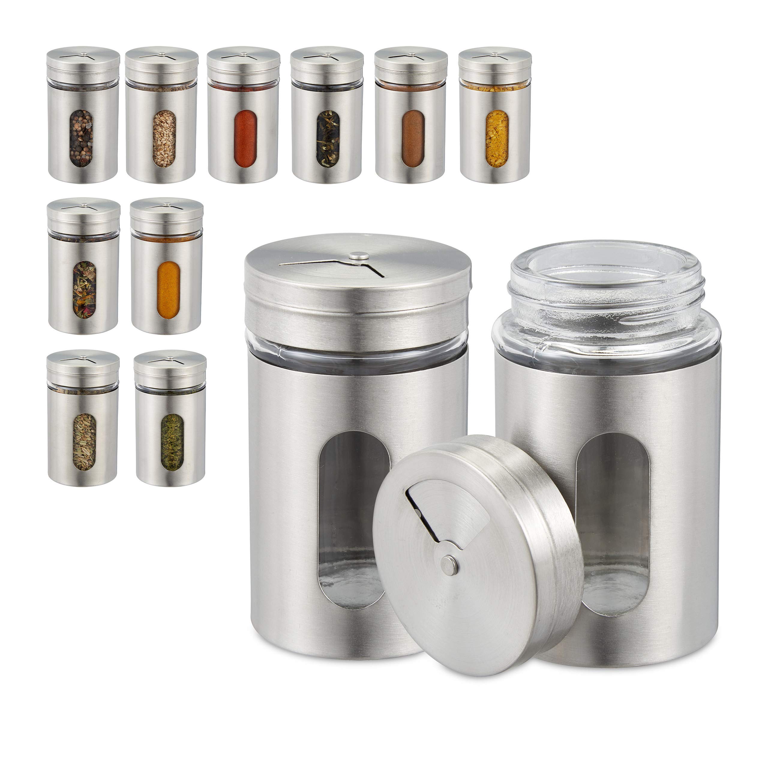 Relaxdays 10027637 Spice Shaker Set of 12, 3 Dispensing Sizes, Window, Herb Jars, Glass, Stainless Steel, Containers, Silver