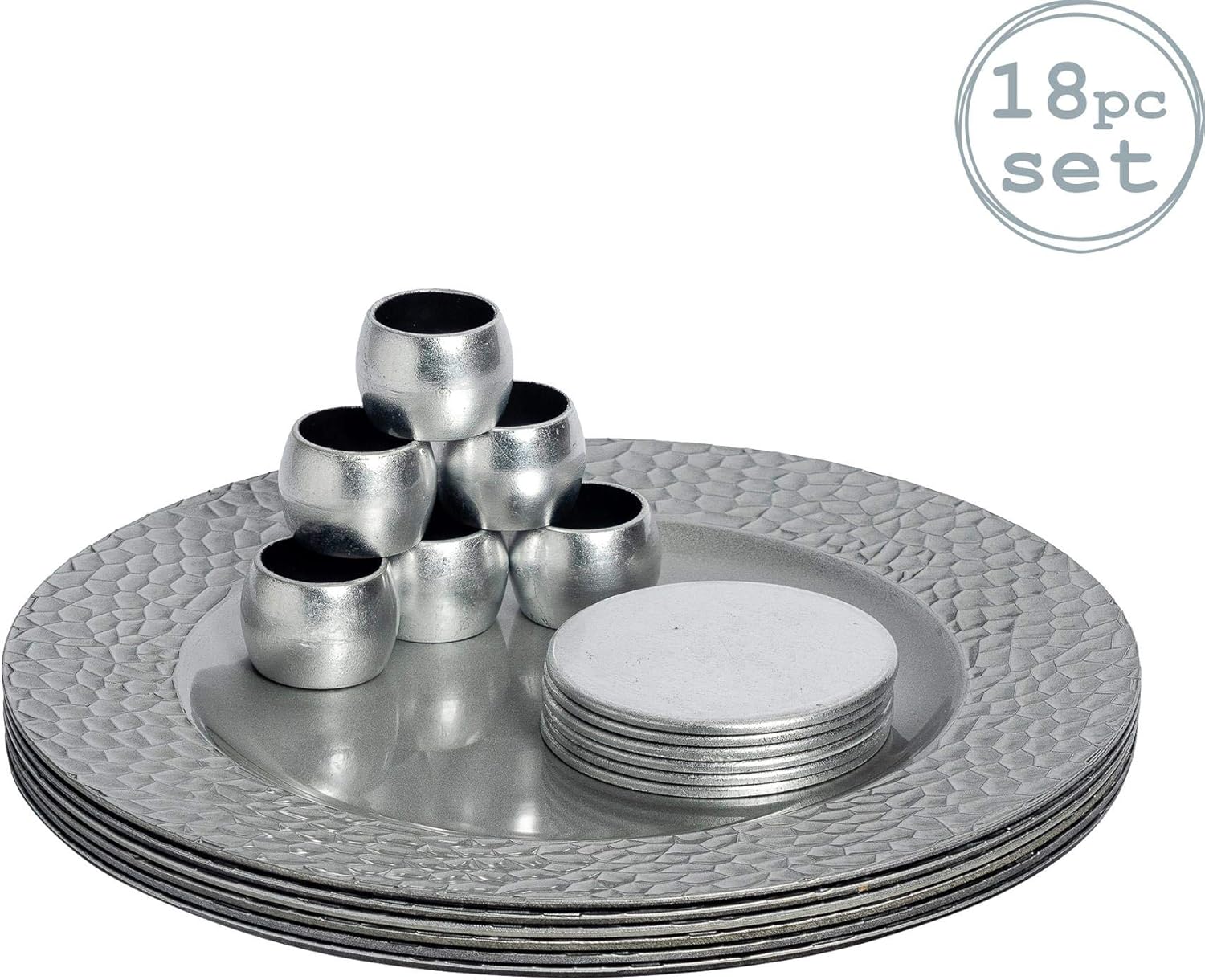 Argon Tableware Round Charger Plates, Coasters & Napkin Rings Set In
