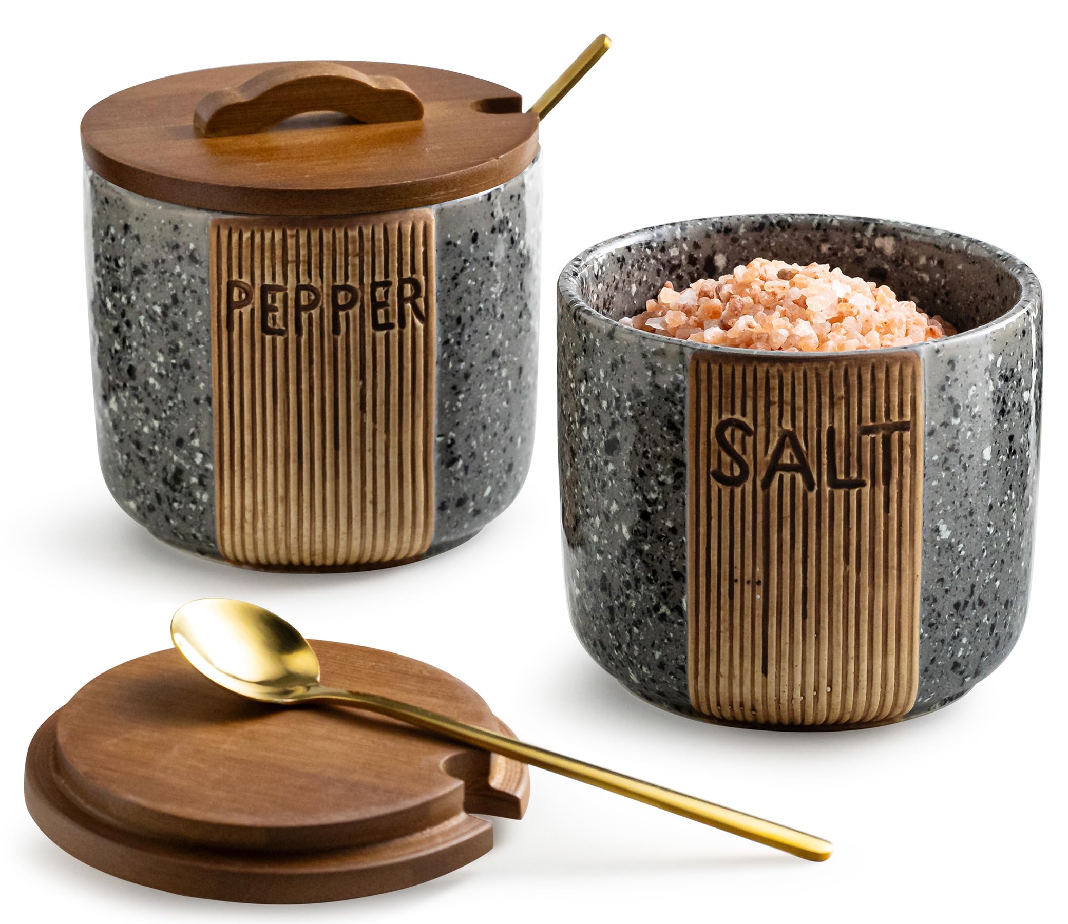 Photo 1 of YHOJOY Salt and Pepper Bowl Ceramic, 10 Oz Salt Containers for Countertop Salt Cellar with Wooden Lid and Spoons, Salt and Pepper Set Marble Design, Gray