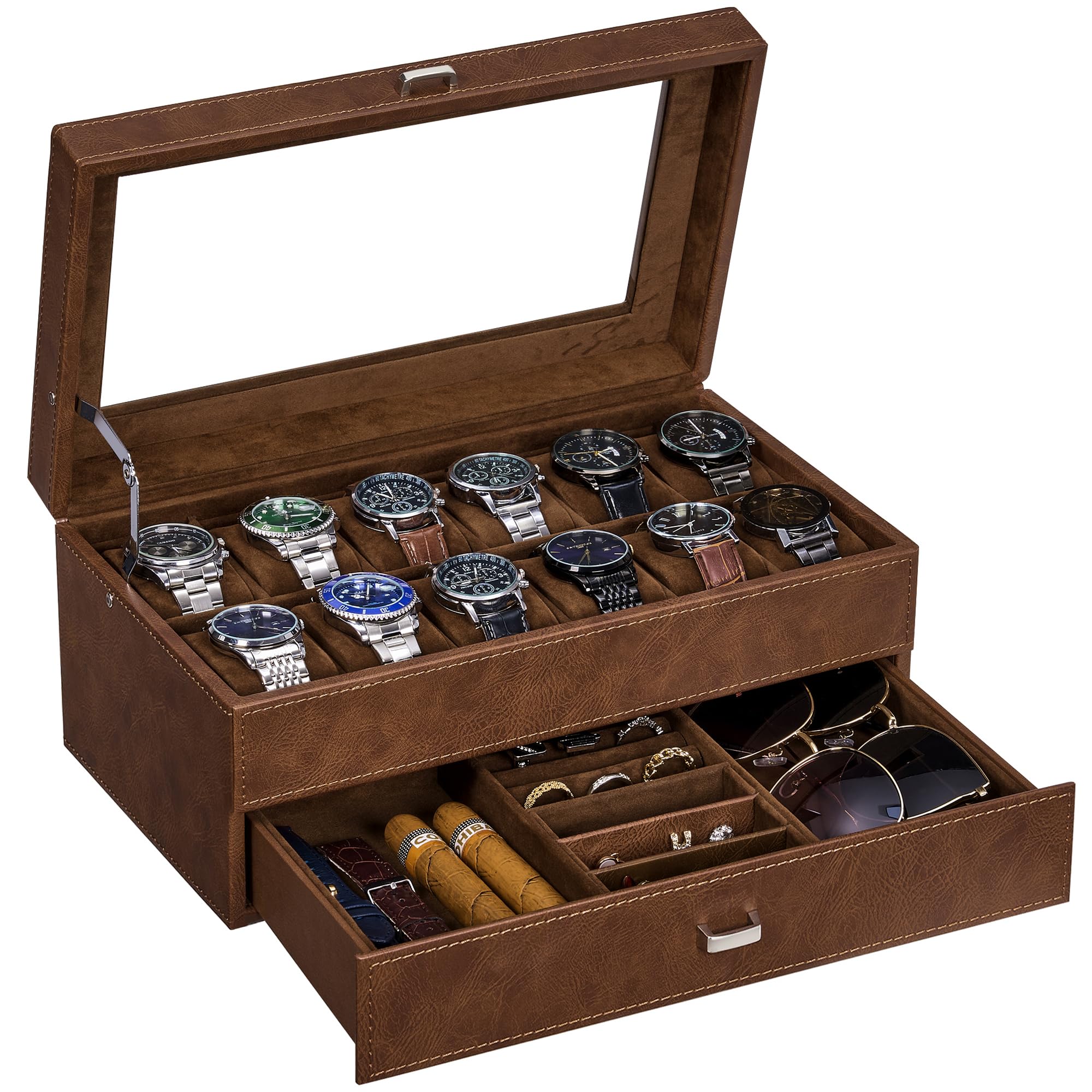 BEWISHOME Watch Box for Men, 12-Slot Watch Case, 2-Layer Watch Case With Drawer, Mens Jewelry Box with Large Glass Lid, Watch Display Case Watch Holder Organizer Watch Storage for Men Women Espresso