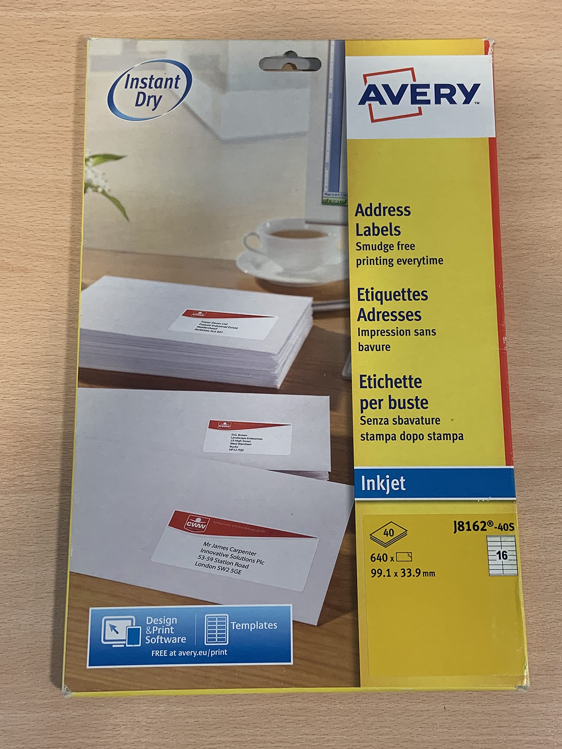 Avery Self Adhesive Address Mailing Labels, Inkjet Printers, 16 Labels per A4 sheet, 640 labels, QuickDRY (J8162)