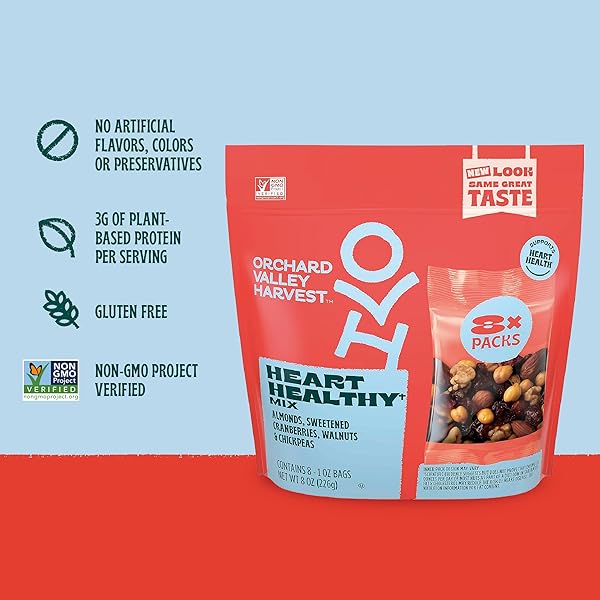 ORCHARD VALLEY HARVEST HEART HEALTHY BLEND, 1 OUNCE BAGS (PACK OF 8), ALMONDS, CRANBERRIES, WALNUTS, AND CHICKPEAS, GLUTEN FREE, NON-GMO, NO ARTIFICIAL INGREDIENTS, HEALTHY SNACKS FOR ADULTS