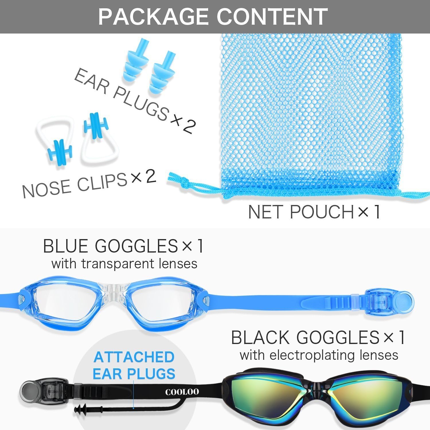COOLOO Swim Goggles, Pack of 2, Swimming Goggles for Adult Men Women Youth Kids Child, Triathlon Equipment, with Mirrored & Clear Anti-Fog, Waterproof, UV 400 Protection Lenses, Made : Sports & Outdoors