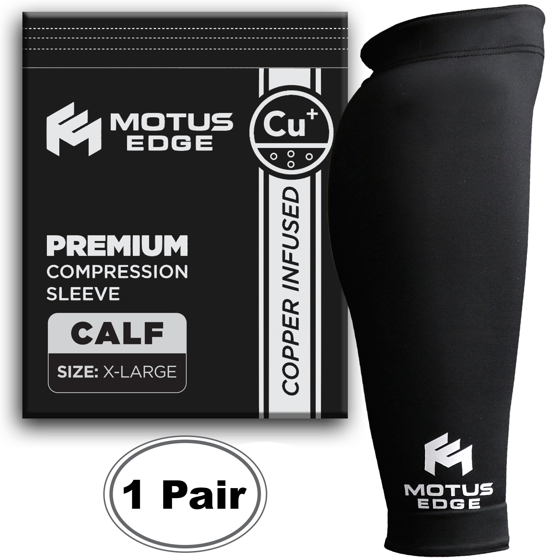 Motus Edge Copper Infused Calf Compression Sleeve for Shin Splints, Leg Cramps, CrossFit, Pain Relief (2-pack - X-Large)