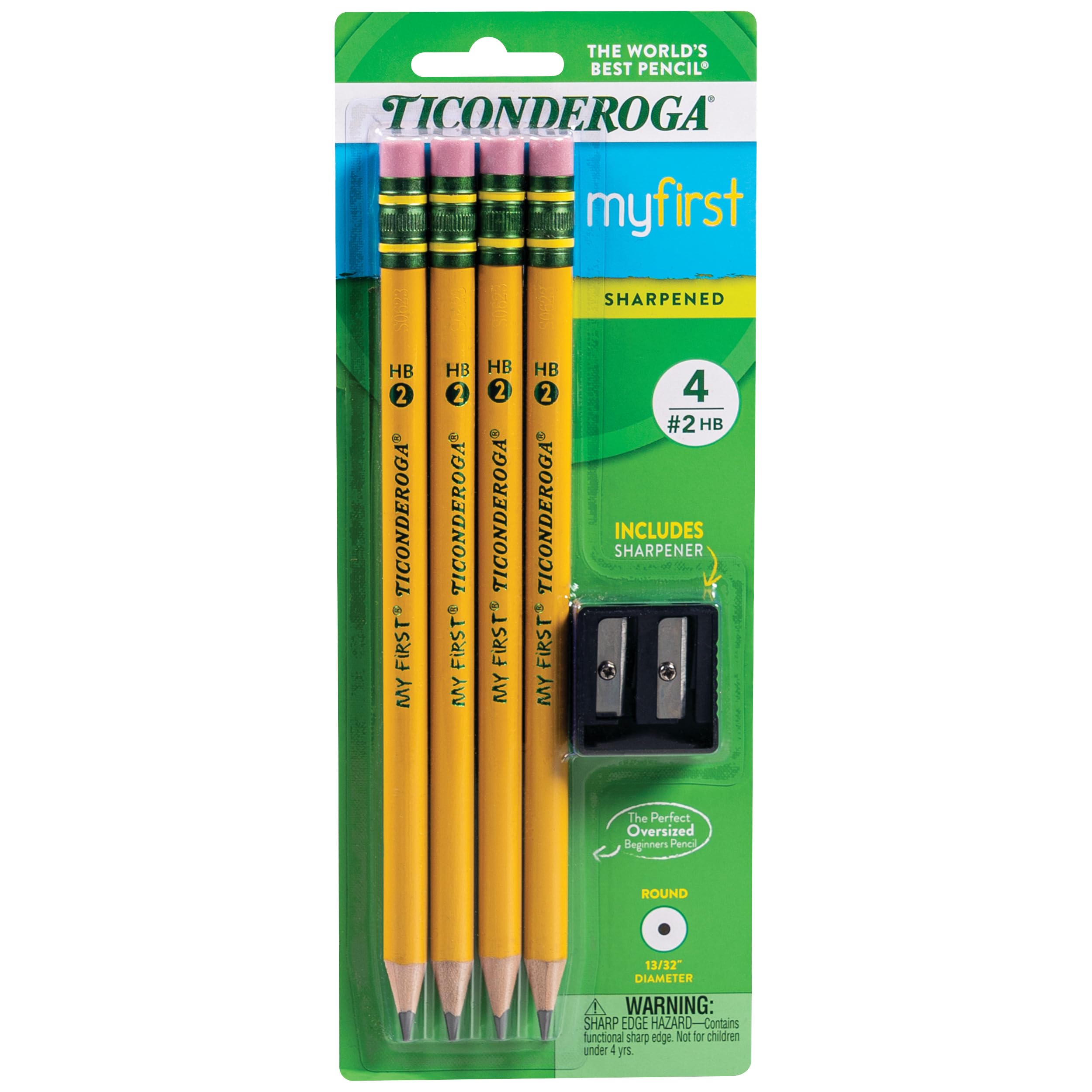Ticonderoga My First Pencils, Wood-Cased #2 HB Soft, Pre-Sharpened with Eraser, Includes Bonus Sharpener, Yellow, 5 Piece (Pack of 1)(33309)