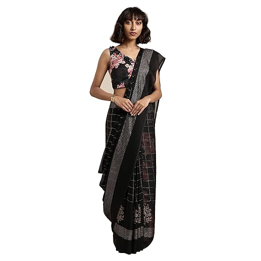Womanista crepe with blouse piece Saree (TI1127_ Black_ Free Size)