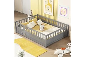 CITYLIGHT Full Floor Bed with High Rails, Wood Montessori Floor Bed with Door Design, Kids Full Bed Frame with Bed Slats for Boys Girls Children,Grey