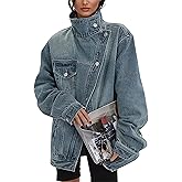 RISCUYY Denim Jackets for Women Trendy Oversized Long Sleeve Lapel Jean Jacket with Pockets Casual Streetwear