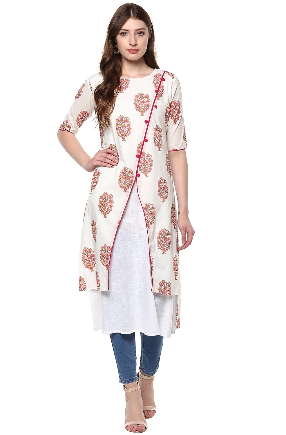 janasya women's white cotton layered floral print kurta