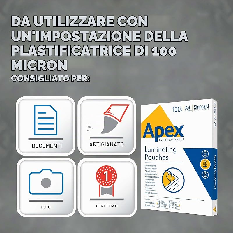 6003301 Pouches per plastificazione Apex formato A4, spessore normale, Finitura lucida, ideali per avvisi, foto e creatività, confezione da 100 fogli