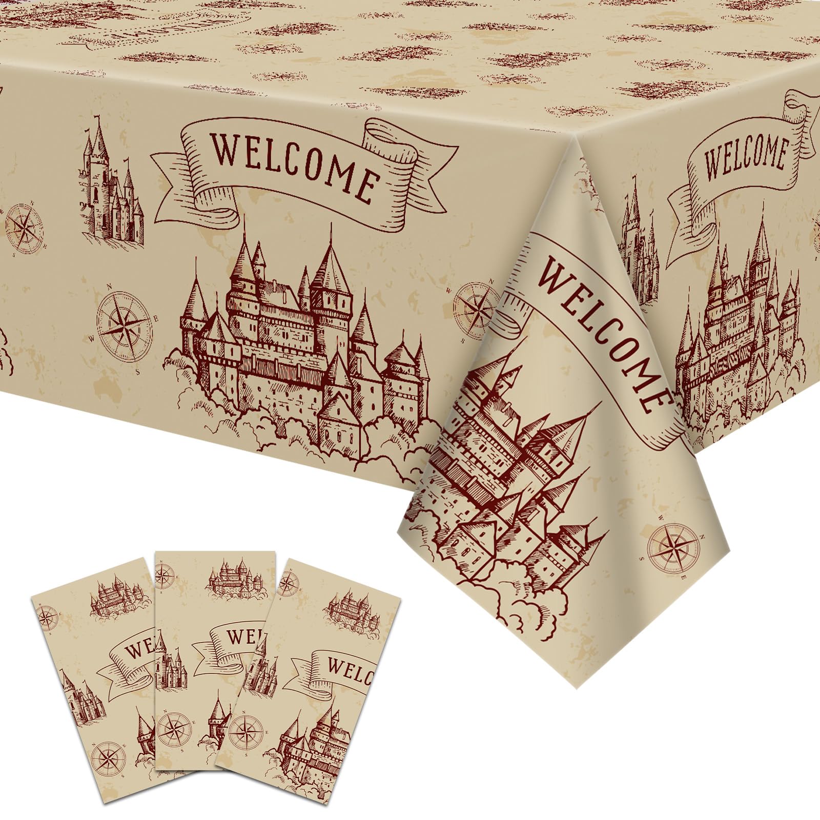 Photo 1 of 3-Pack 54 x 108 Inch Wizard Party Tablecloth – Vintage Magic Castle Plastic Table Covers for Halloween Decorations, Witch Party, and Wizard School Theme Setup