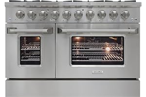 DUURA Elite DE480GRSSS Gas Range Cooktop, 48-Inch with Double Porcelain Convection Oven and Broil Function, 8 Sealed Burners Continuous Grates with Stainless Steel Construction, Metallic