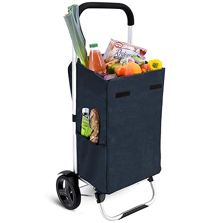 MACORA Einkaufstrolley groß in dunkelblau 36L mit Seitentaschen - Trolley klappbar mit wasserabweisender & abnehmbarer Tasche