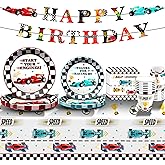 Race Car Birthday Party Decorations Supplies Set Includes Plates Napkins Cups Banner and Tablecloth for Race Car Party Decorations, Serve 24