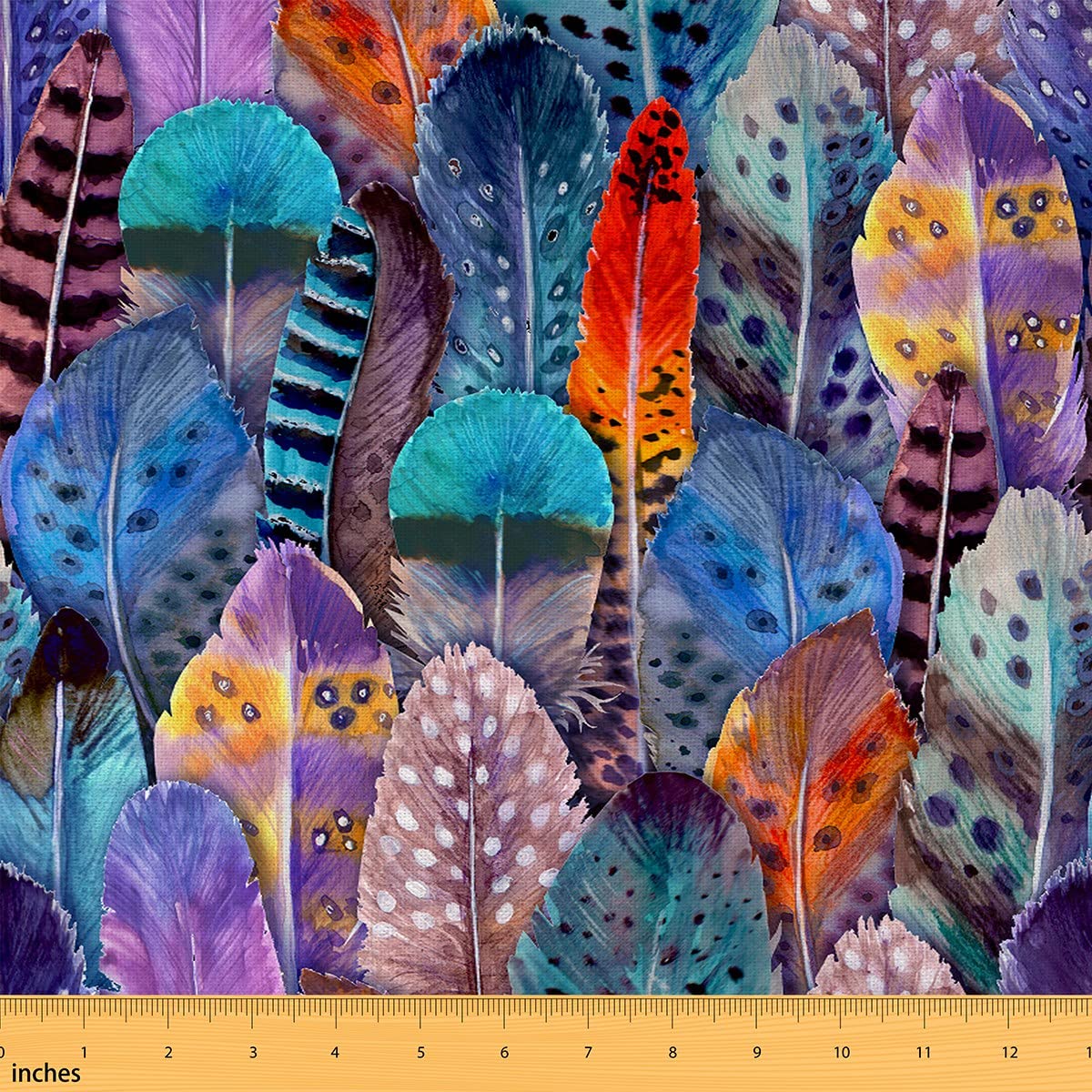 Watercolor Feather Decorative Fabric by The Yard,Colorful Peacock Fur Fabric for Upholstery and Home DIY Projects,Wild Animal Feathers Outdoor Fabric,1 Yard
