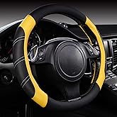 CAR PASS Line Rider Microfiber Leather Sporty Steering Wheel Cover Universal Fits for 95% Truck,SUV,Cars,14.5-15inch Anti-Slip Safety Comfortable Desgin (Black-Yellow)