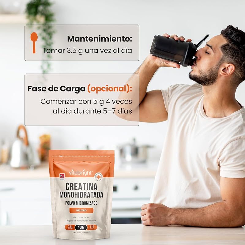 Creatina Monohidratada en Polvo Micronizado | Bolsa de 400 g | 114 Raciones | Creatina Monohidrato Polvo Ultrafino 200 Mesh de Fácil Disolución (No en Gominolas) | Vegana | Vitabright Creatine
