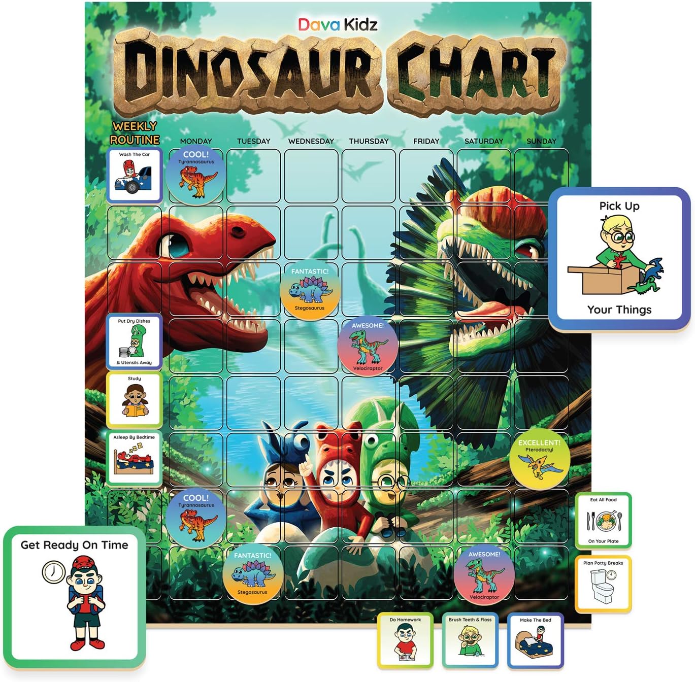 Dinosaur Chore Chart for Kids - Magnetic Reward Chart to Spark New Routines & Responsibility at Home - Behavior Chart to Raise Star Children Boys & Girls - Task & Reward Magnets
