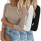 Ficerd 3 Pack 3/4 Sleeve Tops for Women, Cotton Knit Ribbed T Shirts Basic Slim Fit Stretch Tees Casual Crew Neck Shirts(Black, White, Khaki,X-Large)