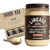 Lineage Provisions - 100% Grass-Fed & Finished Beef Tallow – 3-Pack Glass Jars – US-Raised Cattle – Nose-to-Tail Rendered – Cooking Oil Alternative, Keto & Paleo Friendly