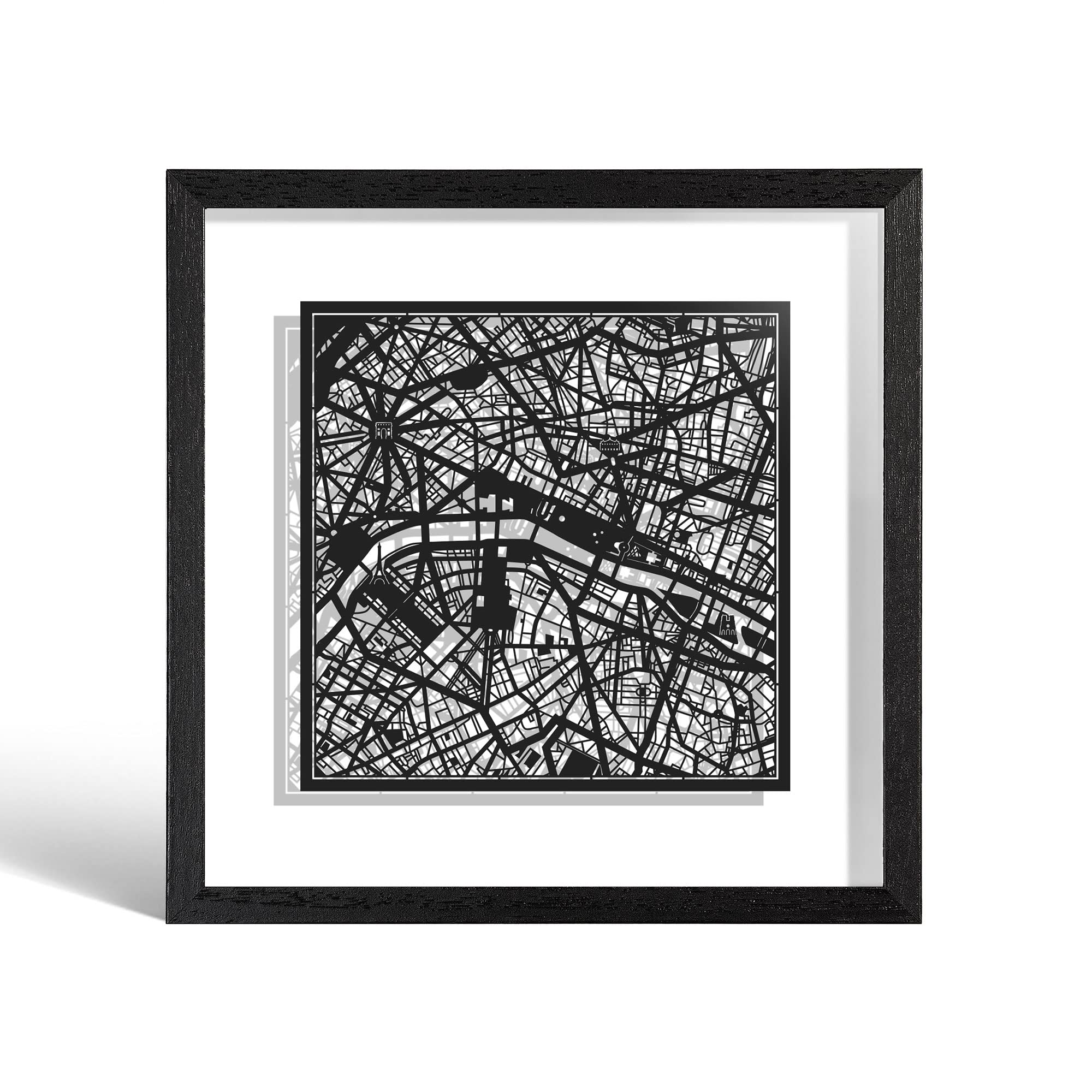 O3 DESIGN STUDIO Paris Paper Cut Map framed, Black map, Black frame, 9x9 inches, Gift Boxed, 2 background color, self-changing, Paper Art