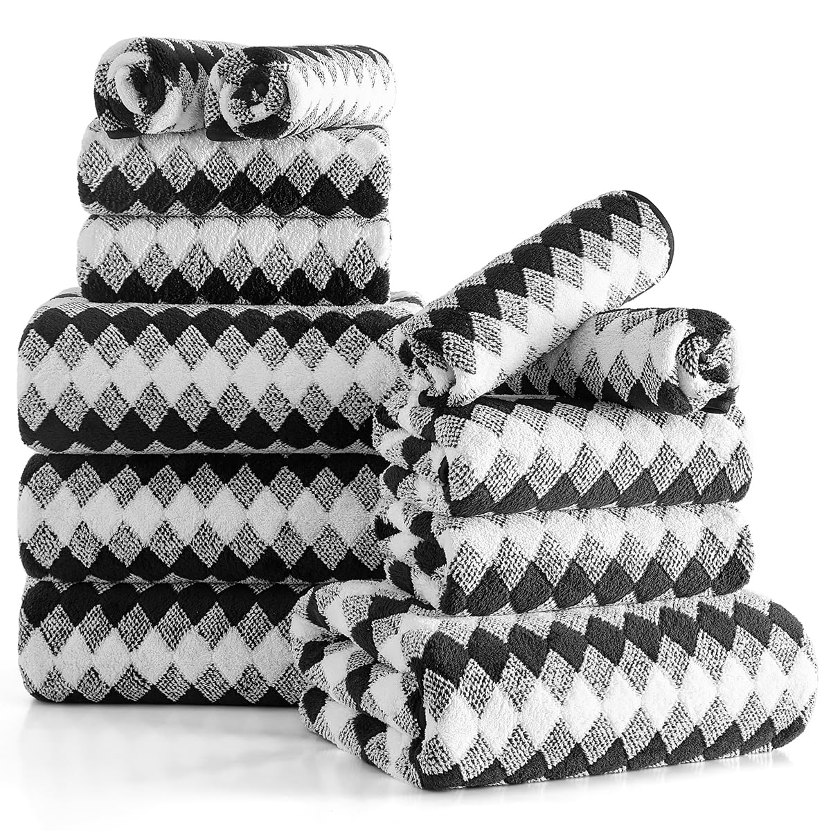 View 1 of 12 Pcs Black White Diamond Towel Set-4 Bath Towels,4 Hand Towels,4 Washcloths Soft Polyester Towels with Loop Absorbent Shower Towel Quick Dry Beach Chair Towel Family Towels for Bathroom Spa Gym Pool