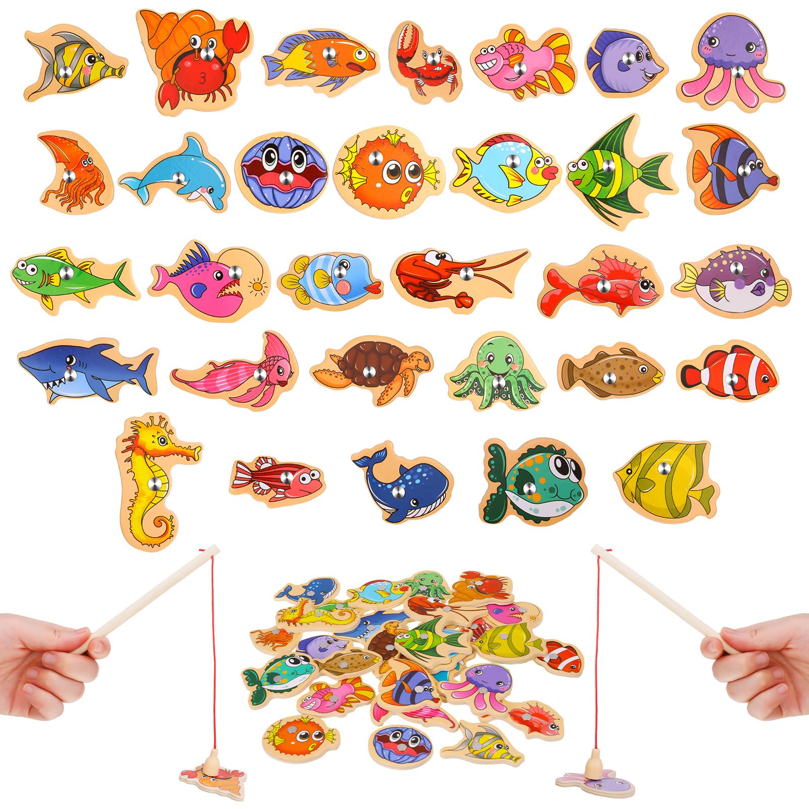FANTESI 33 pcs Magnetic Fishing Game for Kids Wooden Fish Educational Toys Ocean Animal Games Magnets Learning Games with Fish Rod for Birthday Party Christmas Stocking Filler
