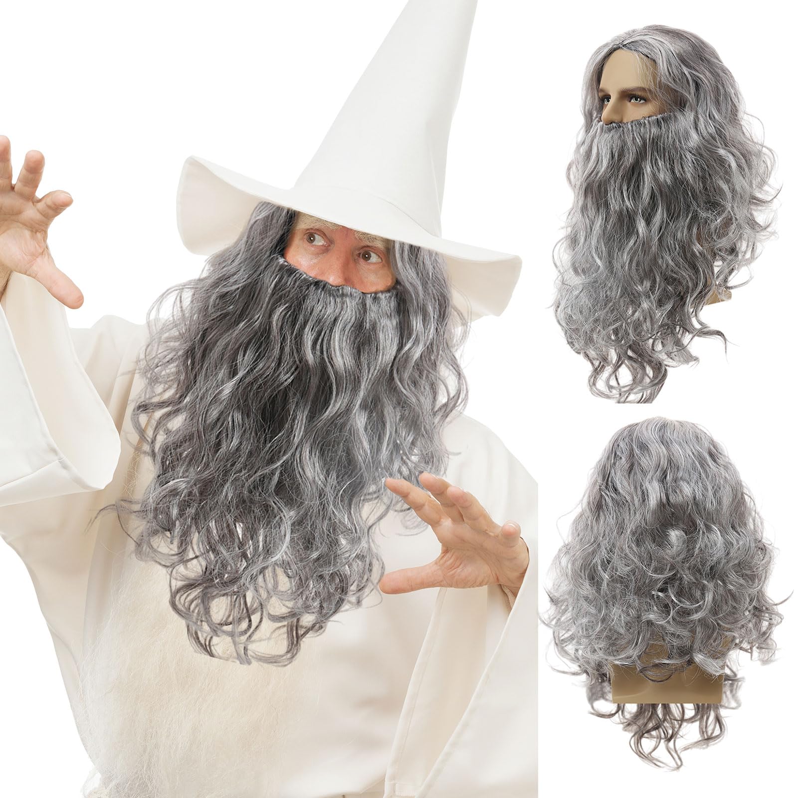 UILYNIU Wizard Wig & Long Beard, Men's Long Curly Grey Wig for Carnival Halloween Christmas Costume, Old & Prophet wig