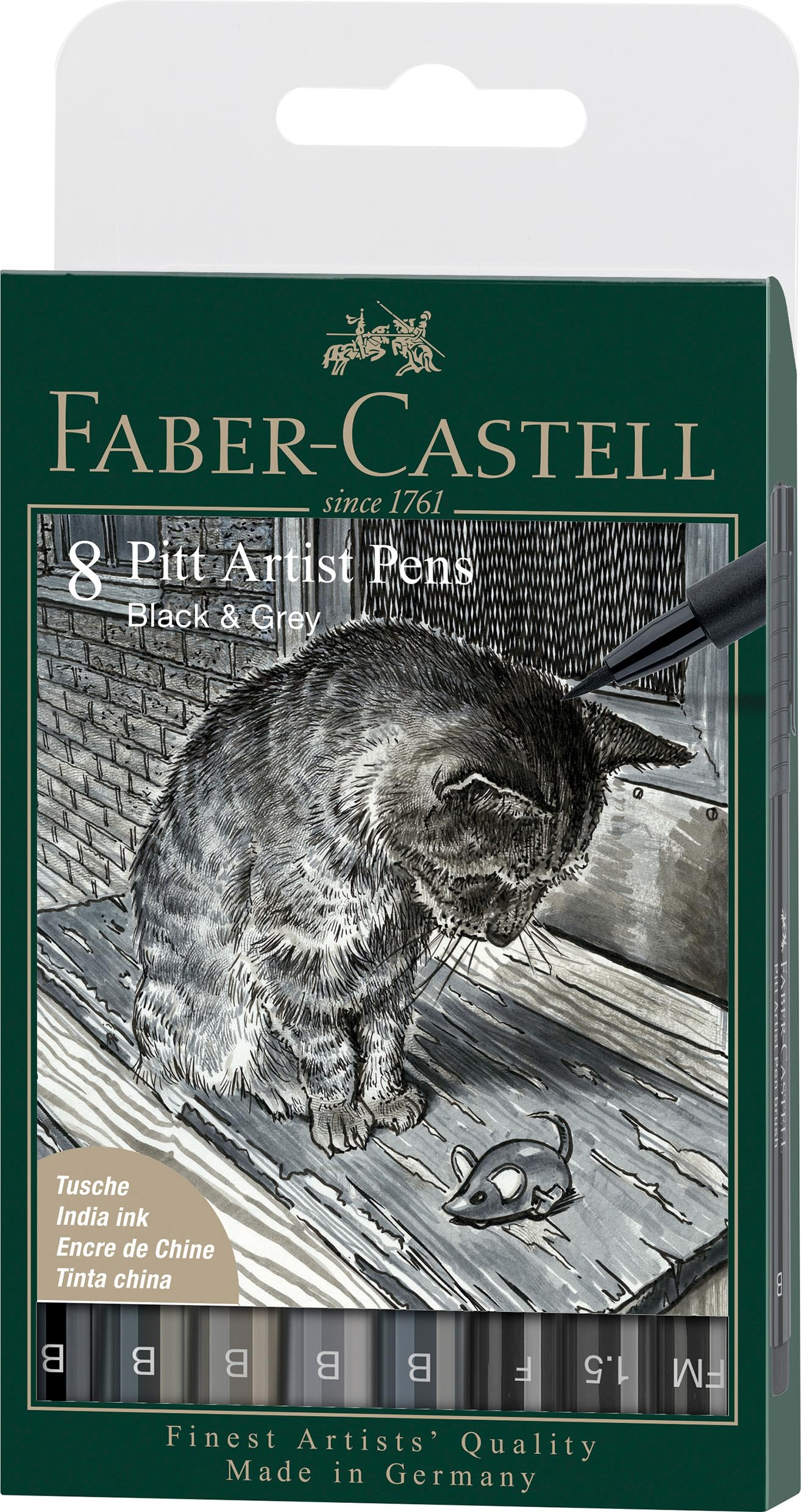 Faber-Castell Art & Graphic Pitt Artist Pen Brush India Ink Pen, Black & Grey, Wallet of 8, Art, Craft, Drawing, Sketching, Home, School, University, Colouring
